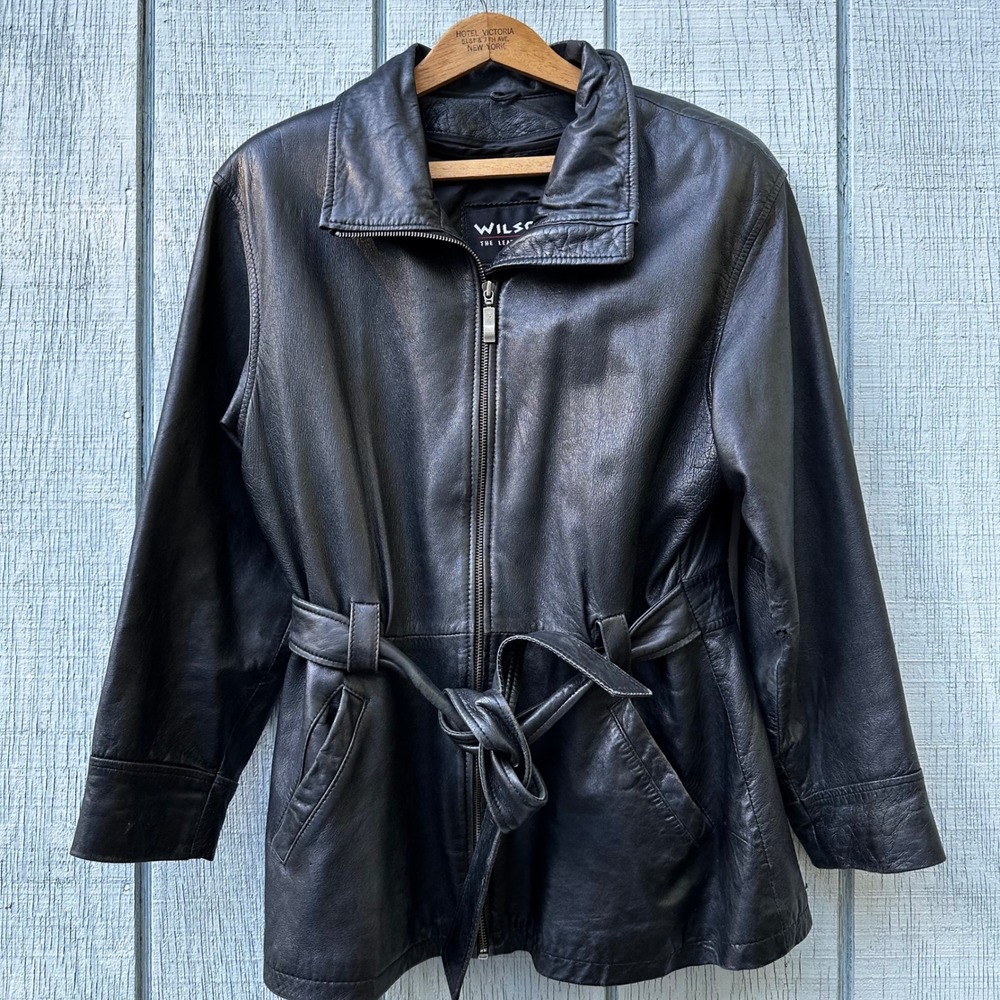 Wilsons Leather‎ Experts Black Leather Belted Trench Coat Jacket Women's Medium